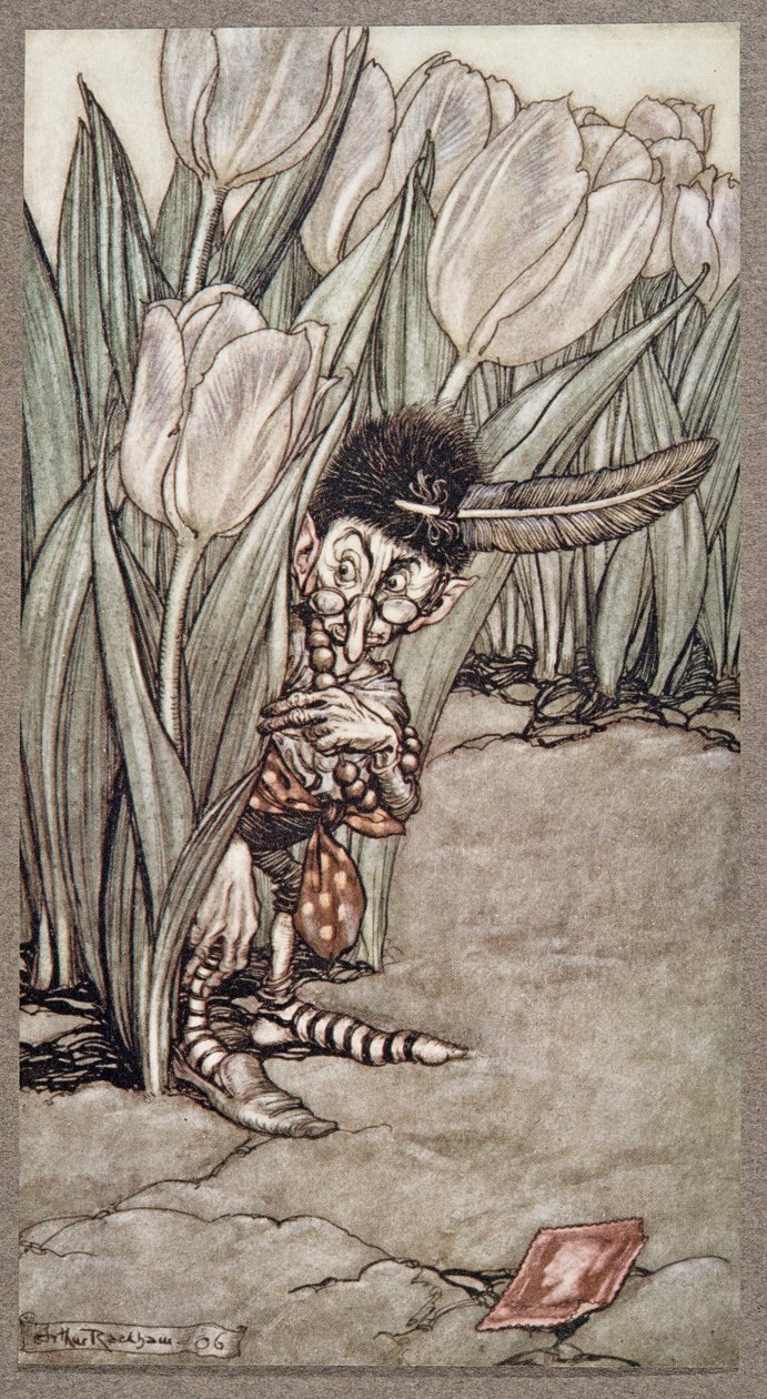 Cuando escuchó la voz de Peter, se escondió alarmado detrás de un tulipán, de Peter Pan en los Jardines de Kensington de J M Barrie, pub. 1906 de Arthur Rackham
