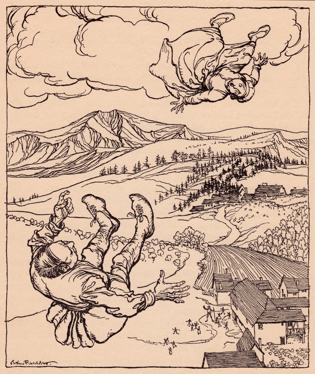 Cuando su marido la vio, gritó: "¡Hola! Ven aquí". Ilustración de Arthur Rackham del cuento de hadas de Grimm "El joven gigante". de Arthur Rackham