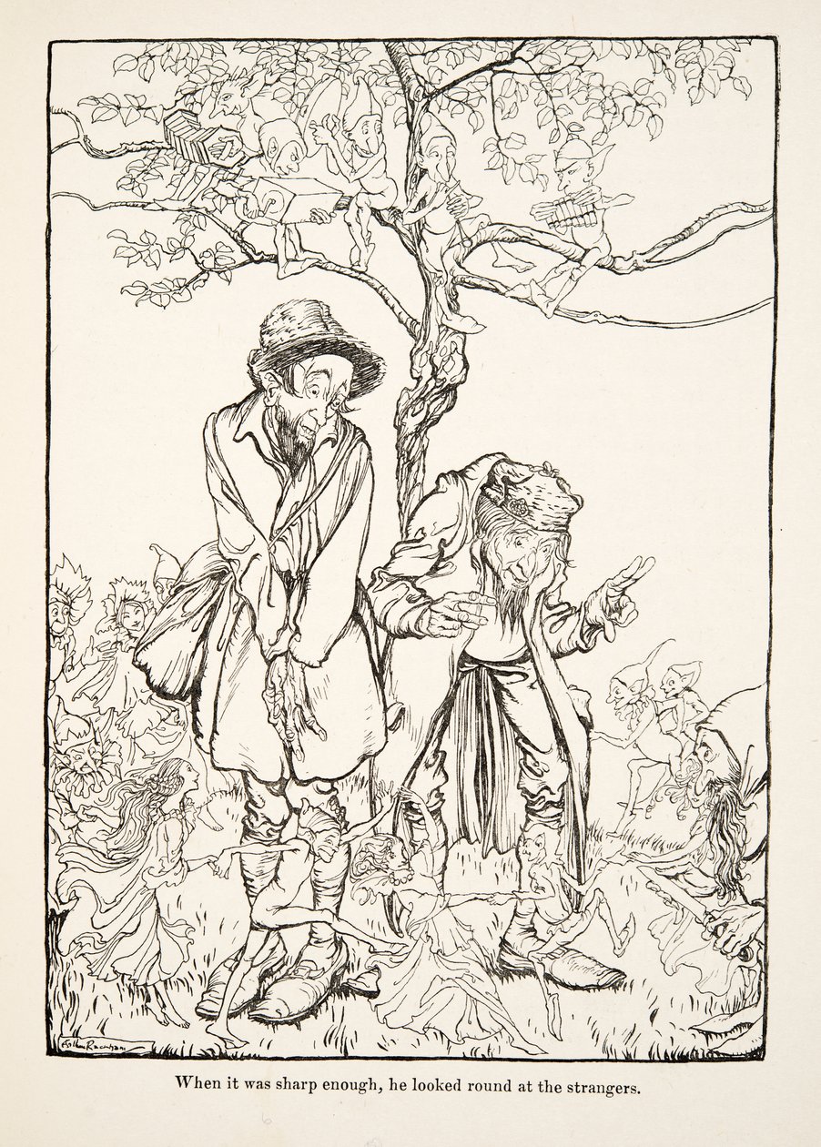 Cuando estuvo lo suficientemente afilado, miró a los extraños, de Hermanito y Hermanita y Otros Cuentos de los Hermanos Grimm, pub.1917 (litografía) de Arthur Rackham