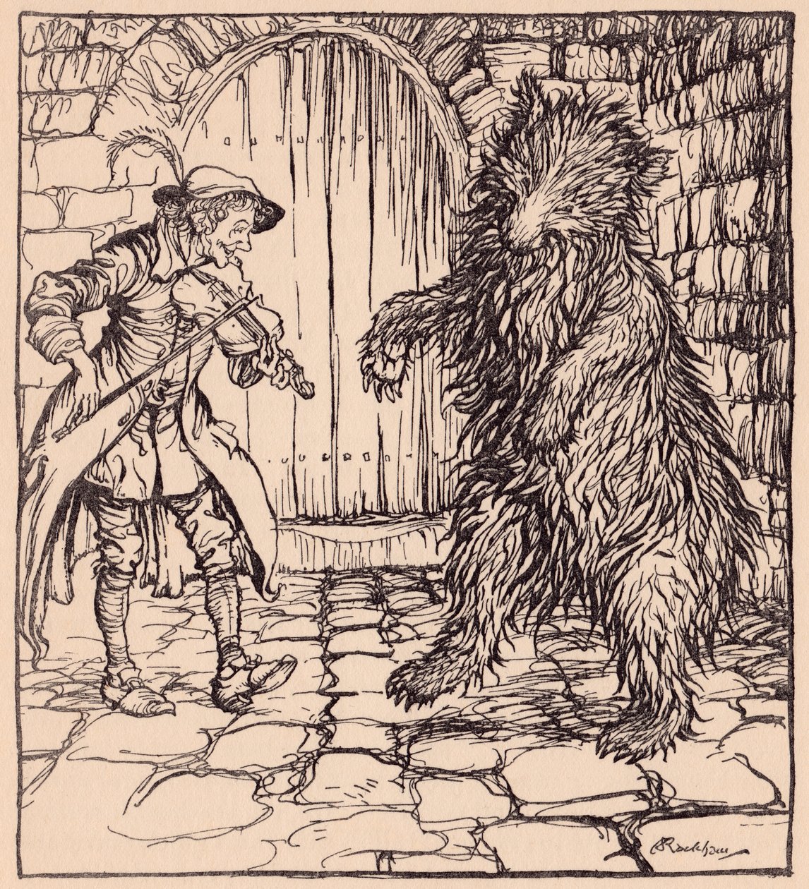 Cuando el oso oyó la música no pudo evitar ponerse a bailar. Ilustración de Arthur Rackham del cuento de Grimm El sastrecillo astuto. de Arthur Rackham