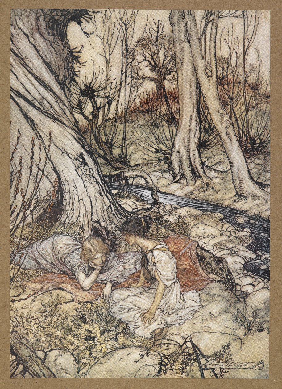 ... ...donde a menudo tú y yo solemos yacer, vaciando nuestros pechos de su dulce consejo".
Hermia y Helena. Una escena de "El sueño de una noche de verano". de Arthur Rackham
