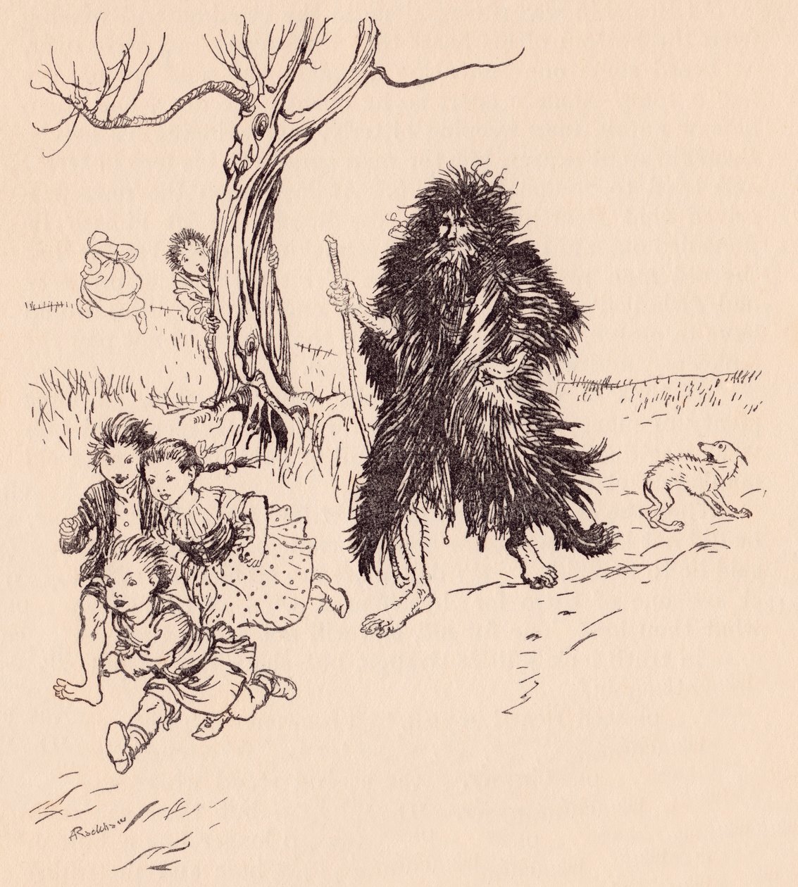 Quien lo veía, huía. Ilustración de Arthur Rackham del cuento de hadas de Grimm Piel de oso. de Arthur Rackham