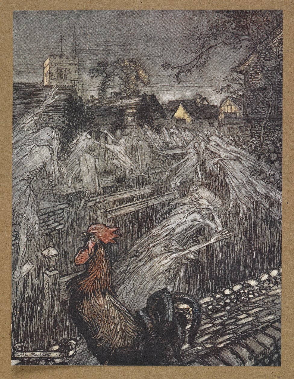 ... los fantasmas, vagando por aquí y por allá, regresan a los patios de las iglesias".
Una escena de "El sueño de una noche de verano". de Arthur Rackham