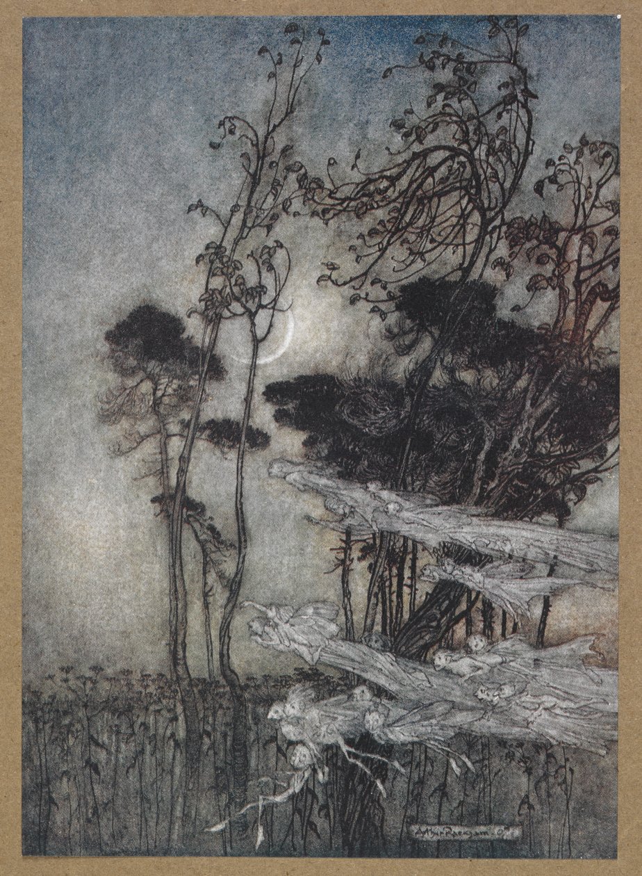... la luna, como un arco de plata recién doblado en el cielo".
Una escena de "Sueño de una noche de verano". de Arthur Rackham