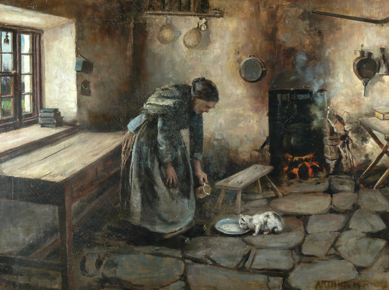Interior de una granja (óleo sobre lienzo) de Arthur Rigg
