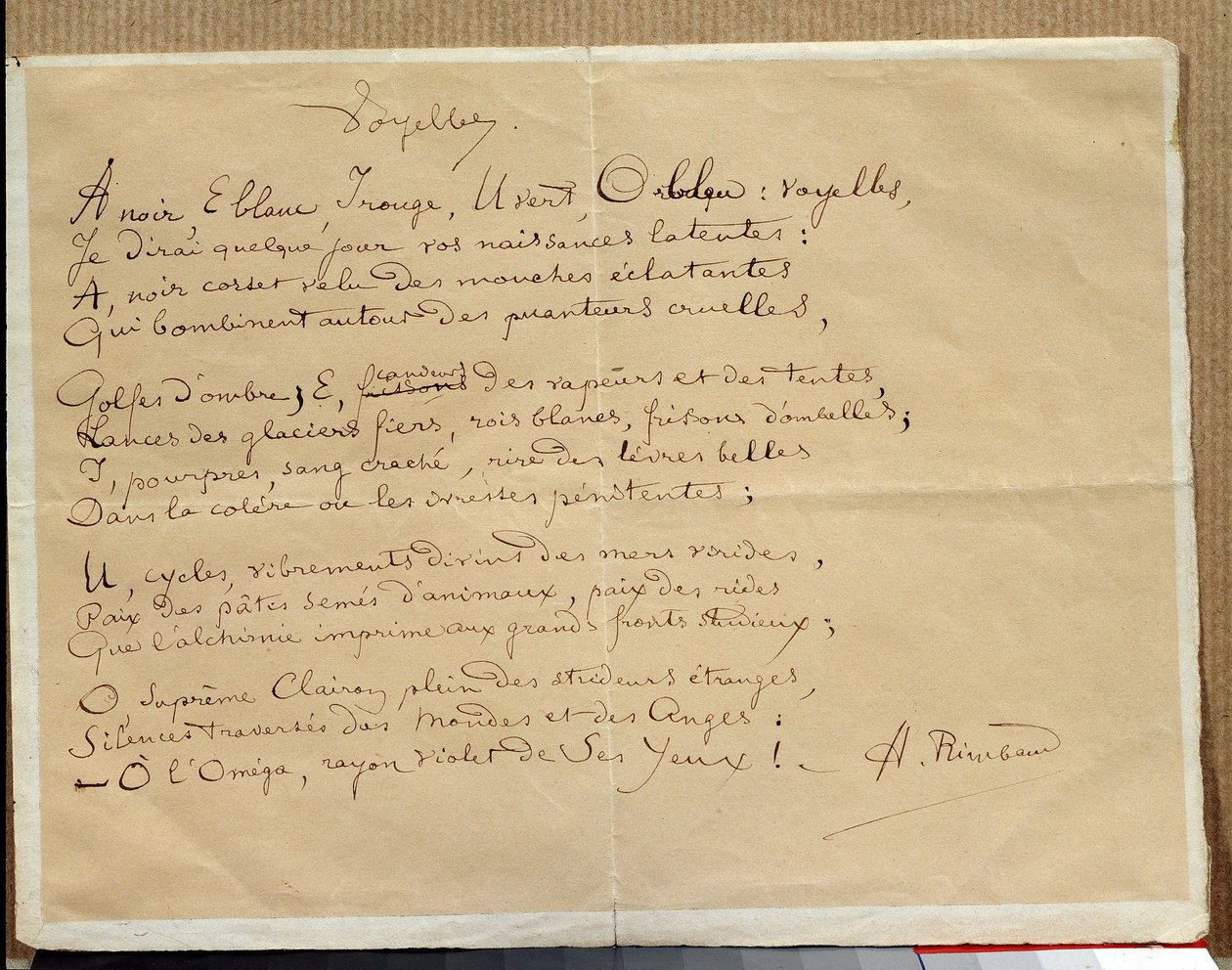 Manuscrito del poema de Arthur Rimbaud: Las Vocales de Arthur Rimbaud