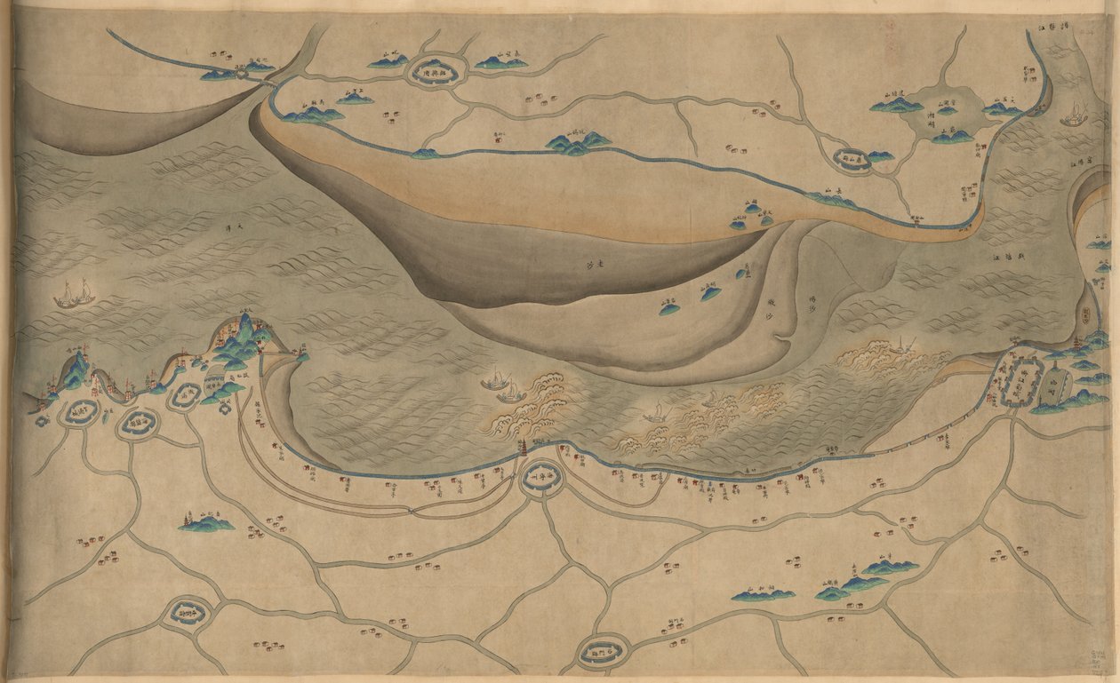 120.000. suministrados. Orientado con el norte hacia abajo. El relieve se muestra de forma pictórica. Mapa pictórico. Compra de Hummel 1930, no. 34. Muestra el área a lo largo del río Qiantang, especialmente la sección de la bahía de Hangzhou en la provinc de Arthur W. Hummel