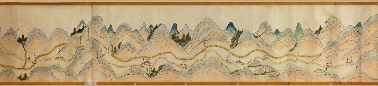 16.000. suministrados. Orientado con el norte a la derecha. Relieve mostrado pictóricamente. Vista de pájaro. Cubre el río Wei en Baoji Xian, Shanxi Sheng hasta Shu Dao en la frontera Shanxi-Sichuan. Muestra los asentamientos, las paradas de descanso, las  de Arthur W. Hummel