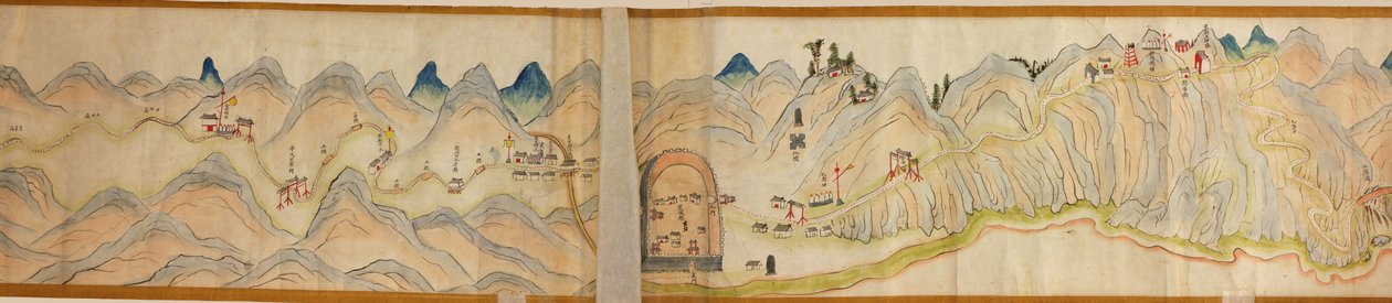 16.000. suministrados. Orientado con el norte a la derecha. Relieve mostrado pictóricamente. Vista de pájaro. Cubre el río Wei en Baoji Xian, Shanxi Sheng hasta Shu Dao en la frontera Shanxi-Sichuan. Muestra los asentamientos, las paradas de descanso, las  de Arthur W. Hummel
