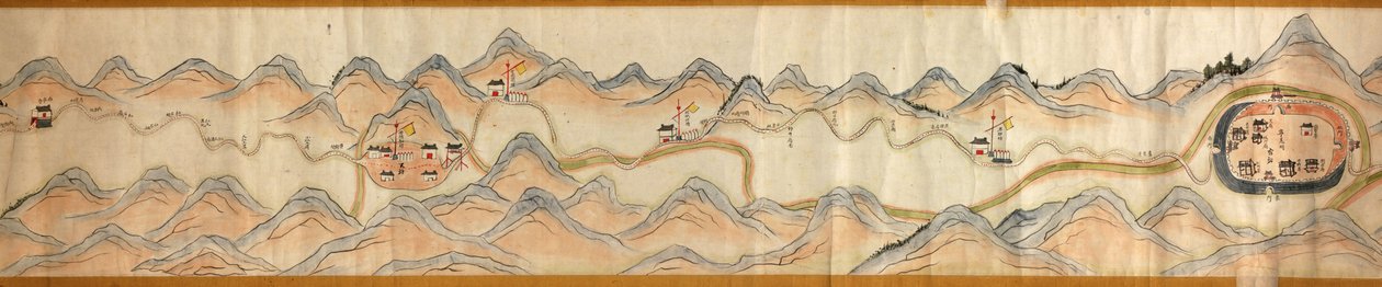 16.000. suministrados. Orientado con el norte a la derecha. Relieve mostrado pictóricamente. Vista de pájaro. Cubre el río Wei en Baoji Xian, Shanxi Sheng hasta Shu Dao en la frontera Shanxi-Sichuan. Muestra los asentamientos, las paradas de descanso, las  de Arthur W. Hummel