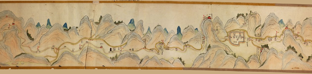 16.000. suministrados. Orientado con el norte a la derecha. Relieve mostrado pictóricamente. Vista de pájaro. Cubre el río Wei en Baoji Xian, Shanxi Sheng hasta Shu Dao en la frontera Shanxi-Sichuan. Muestra los asentamientos, las paradas de descanso, las  de Arthur W. Hummel
