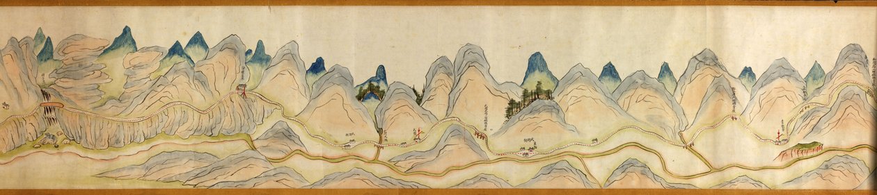 16.000. suministrados. Orientado con el norte a la derecha. Relieve mostrado pictóricamente. Vista de pájaro. Cubre el río Wei en Baoji Xian, Shanxi Sheng hasta Shu Dao en la frontera Shanxi-Sichuan. Muestra los asentamientos, las paradas de descanso, las  de Arthur W. Hummel