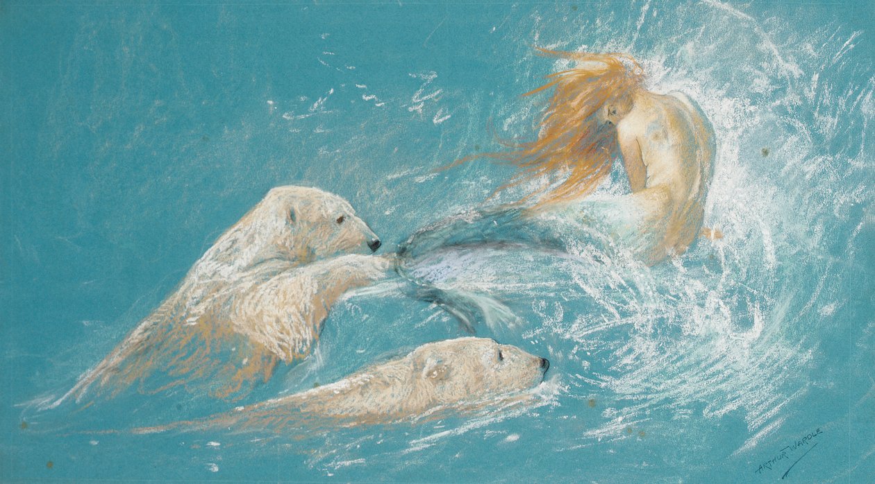 Una sirena y osos polares (lápiz y tiza sobre papel) de Arthur Wardle