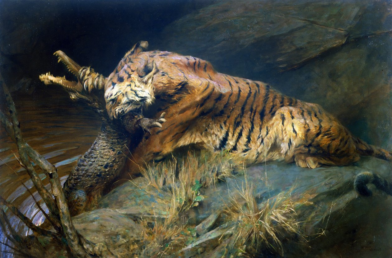 Tigre y cocodrilo (óleo sobre lienzo) de Arthur Wardle