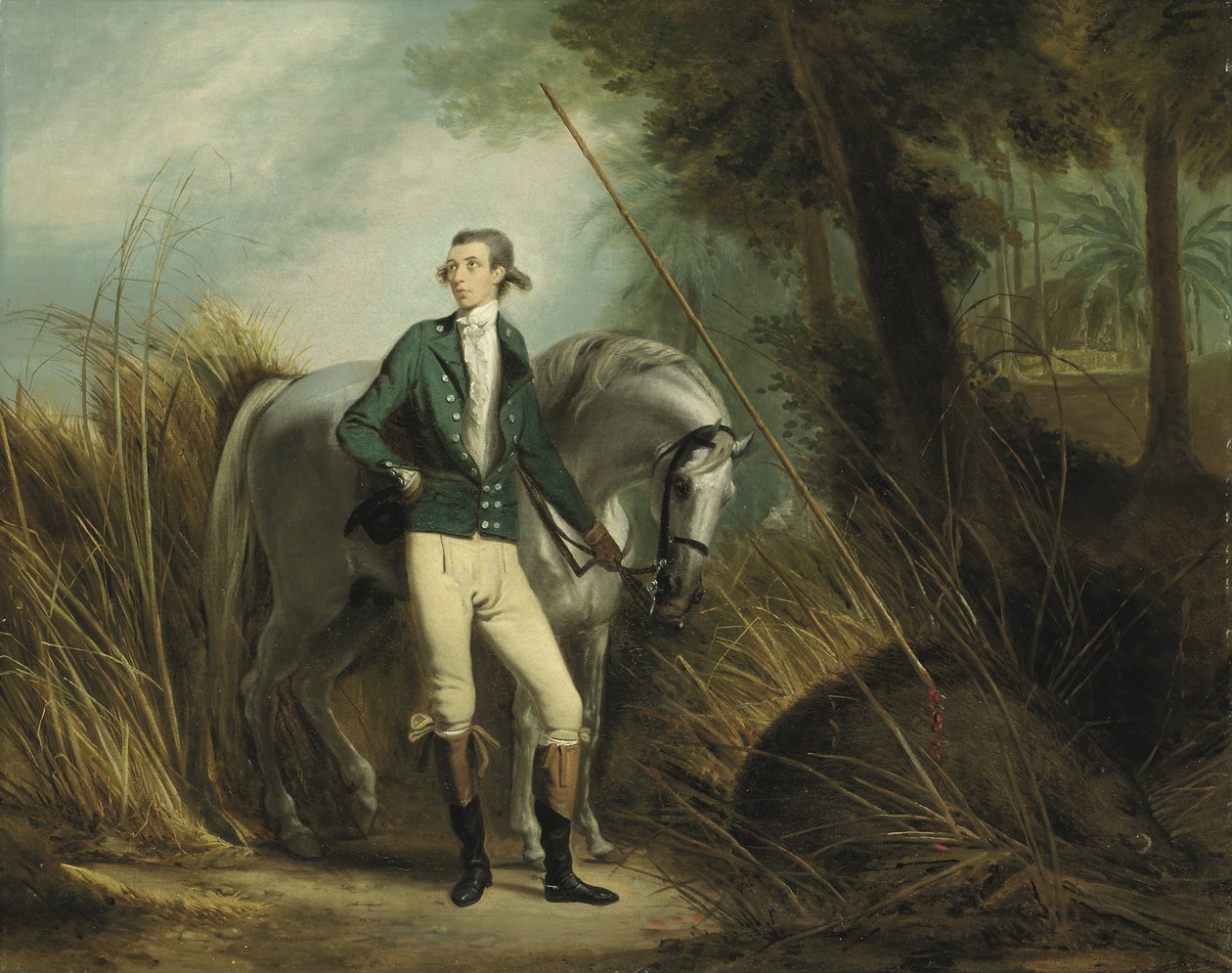 Un caballero cazando jabalíes en un paisaje indio (óleo sobre lienzo) de Arthur William Devis