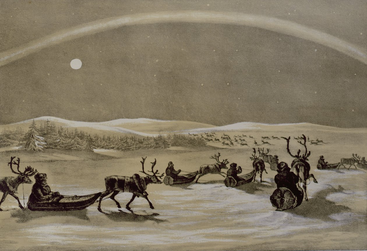 Una aparición singular de las Luces del Norte sobre una manada de renos de un lapón cruzando el Jerdis Javri, de Bocetos de invierno en Laponia, grabado por James Duffield Harding (1798-1863) 1825 de Arthur de Capell Brooke