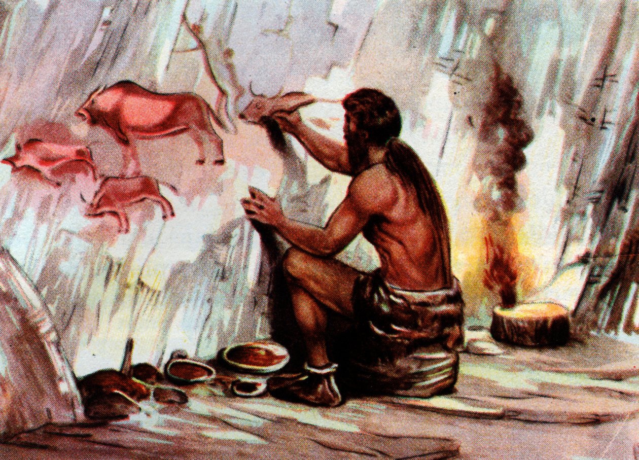 Una pintura de Homo Sapiens en una cueva, de "Vita Meravigliosa" (grabado) de Artist Unknown