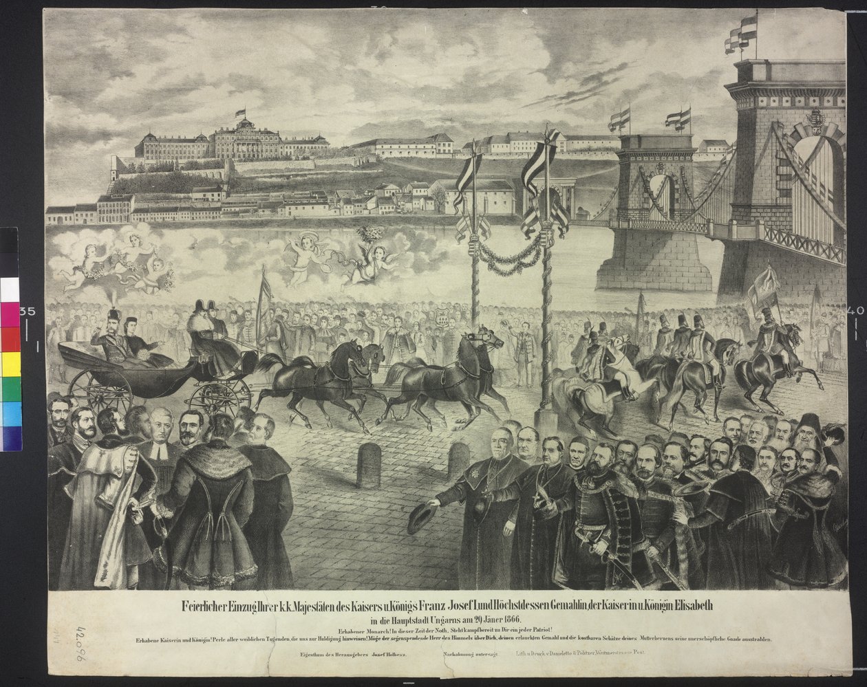 Llegada de la pareja imperial al almacén de la corte en Budapest el 29 de de enero de 1866 de Artist Unknown