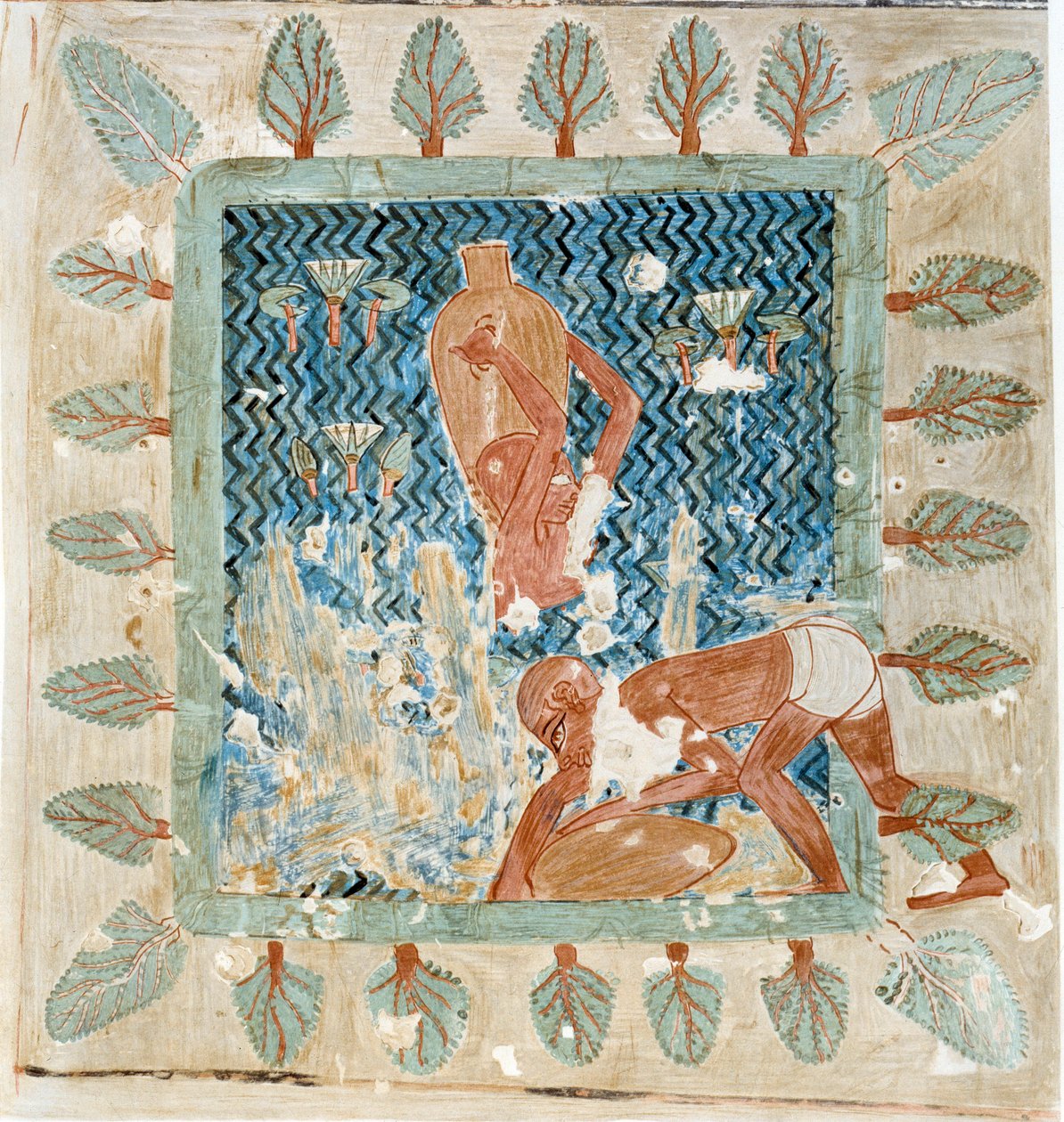 Arte egipcio: dos sirvientes sacando agua de una jofaina. Símil colegial de la tumba de Rekhmire en Tebas de Artist Unknown