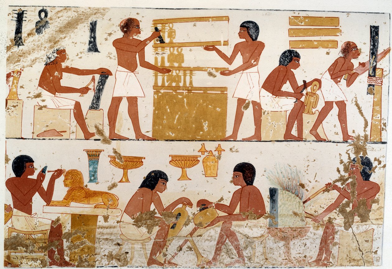 Artesanos trabajando. Reproducción facsímil a partir de un documento de Tebas, época de Amenofis III (XVIII dinastía) de Artist Unknown
