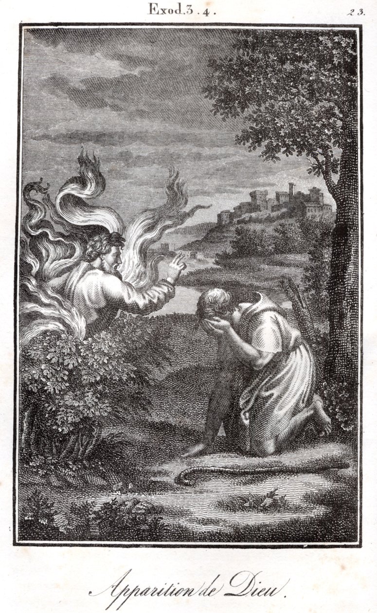 Biblia - Moisés y la zarza ardiente Dios se aparece a Moisés desde una zarza ardiente. de Artist Unknown