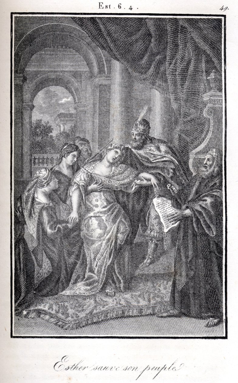 Biblia, Ester salva a su pueblo diciéndole a Asuero que Amán planeaba matarla (grabado) de Artist Unknown