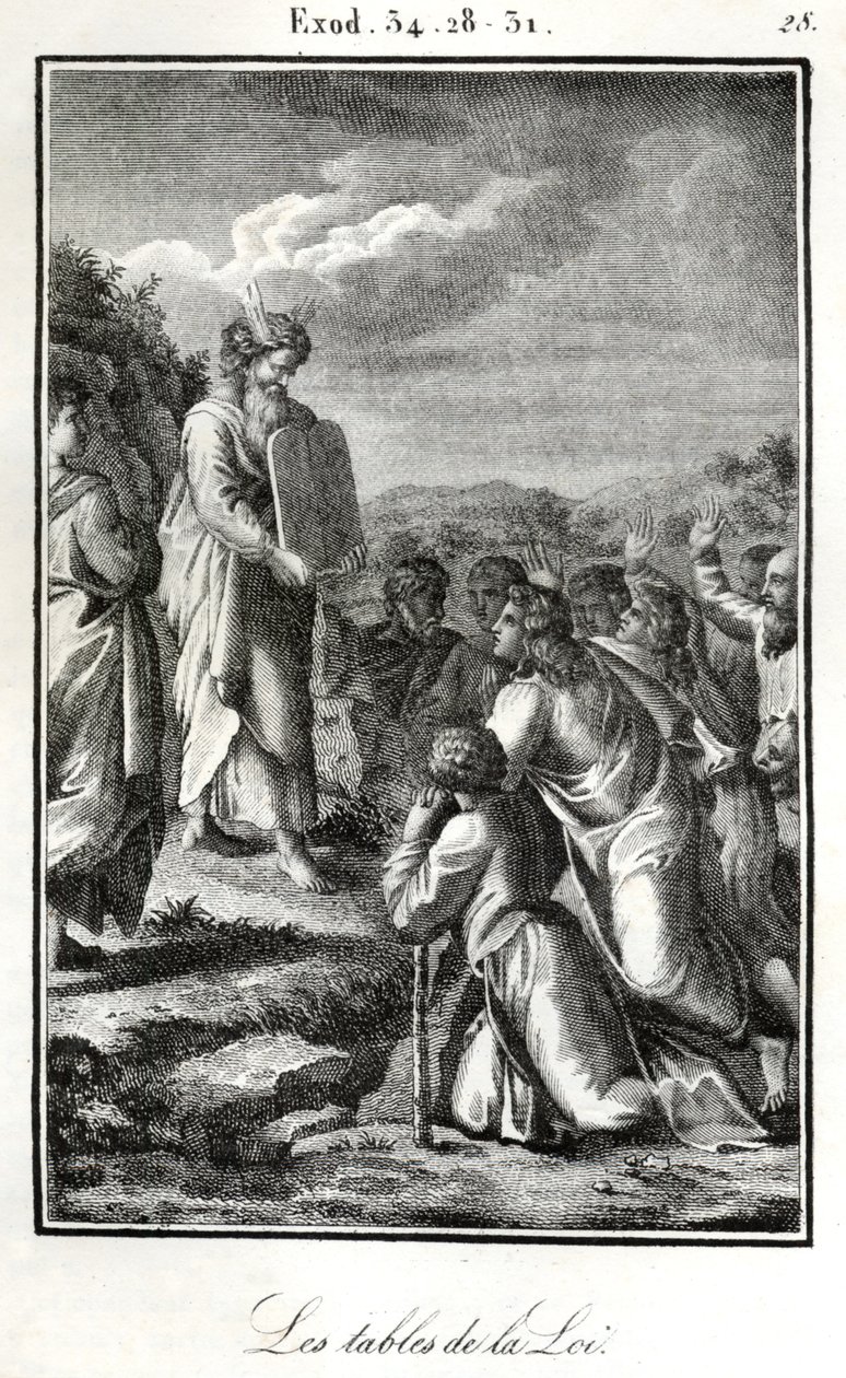 Biblia, Moisés mostrando las dos tablas con los diez mandamientos (grabado) de Artist Unknown