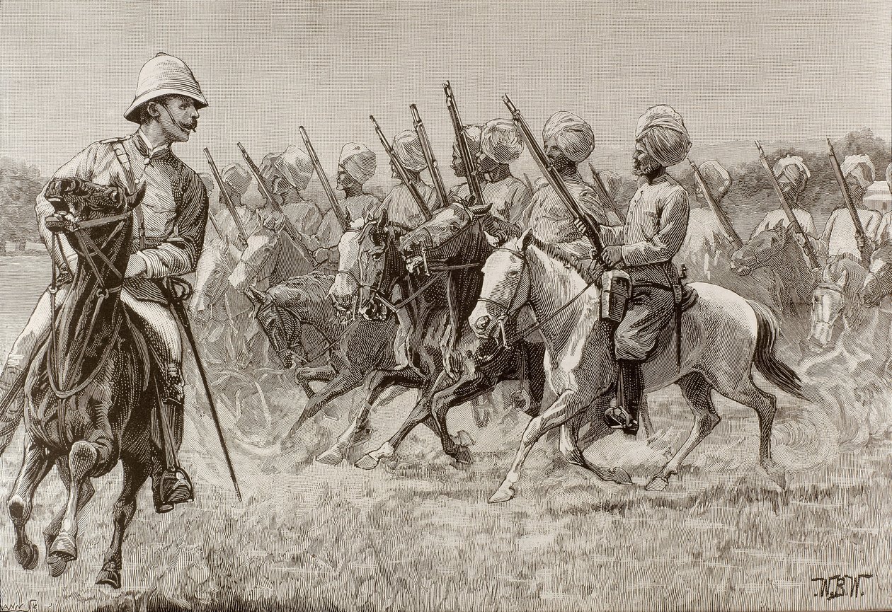 Imperio británico (s. XIX). Los nuevos regimientos de Birmania. Compañía de Infantería Montada del Segundo Regimiento. Grabado. de Artist Unknown