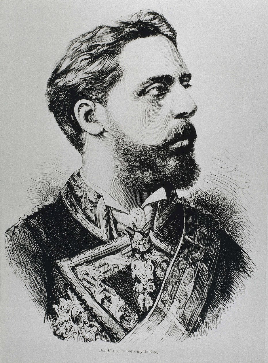 CARLOS VII, Carlos María de los Dolores de Borbón y Austria-Este (1848-1909). Pretendiente carlista al trono de España como Carlos VII. España. Carlismo. Carlos VII, pretendiente carlista al trono. Publicado en "La ilustración Española y Americana". Grabad de Artist Unknown