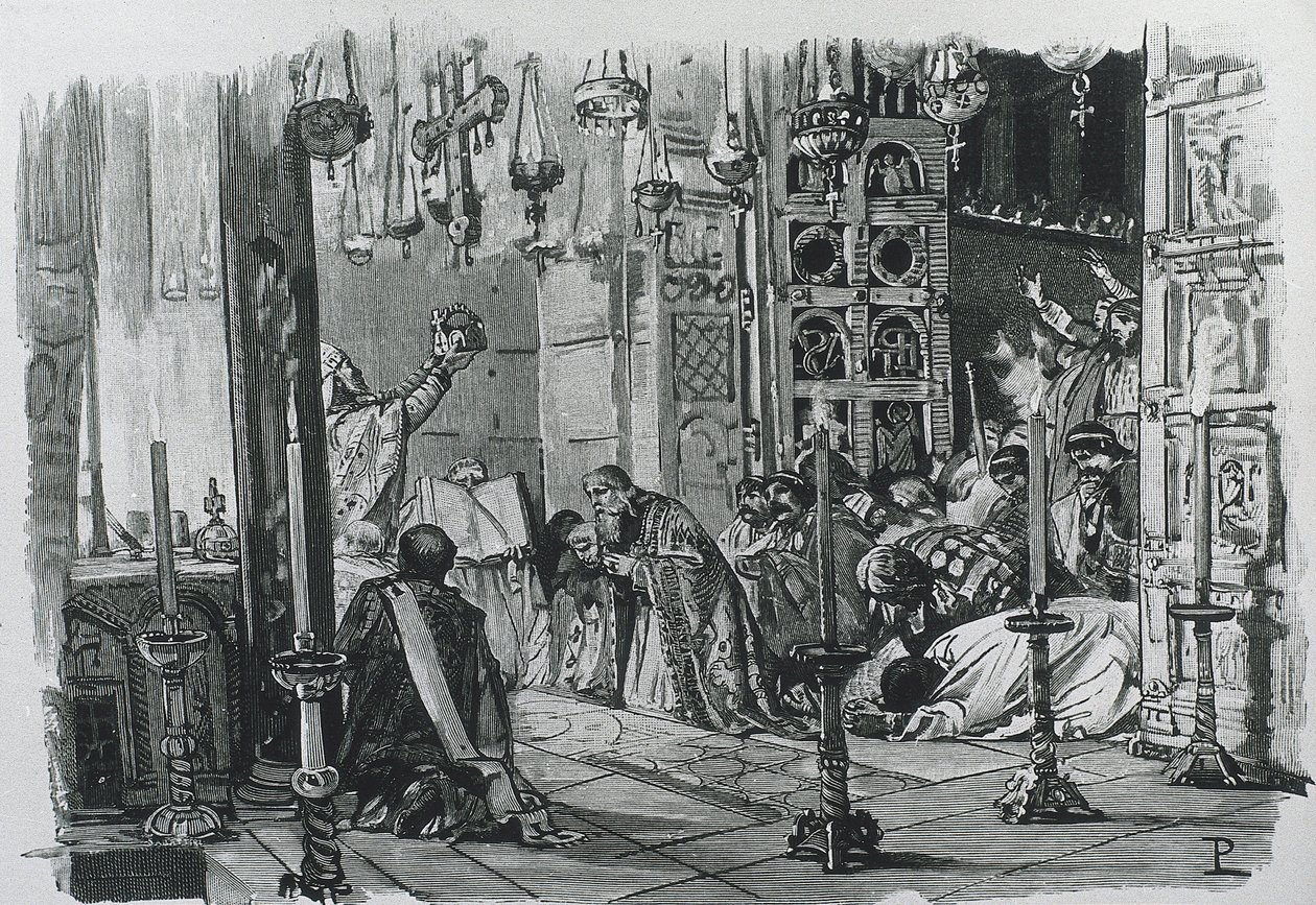 CHARLEMAGNE o CARLOS I (742-814). Rey de los francos y los lombardos (768-814) y emperador del Sacro Imperio Romano Germánico (800-814). Coronación de Carlomagno como emperador del Sacro Imperio Romano Germánico (800). Grabado. de Artist Unknown