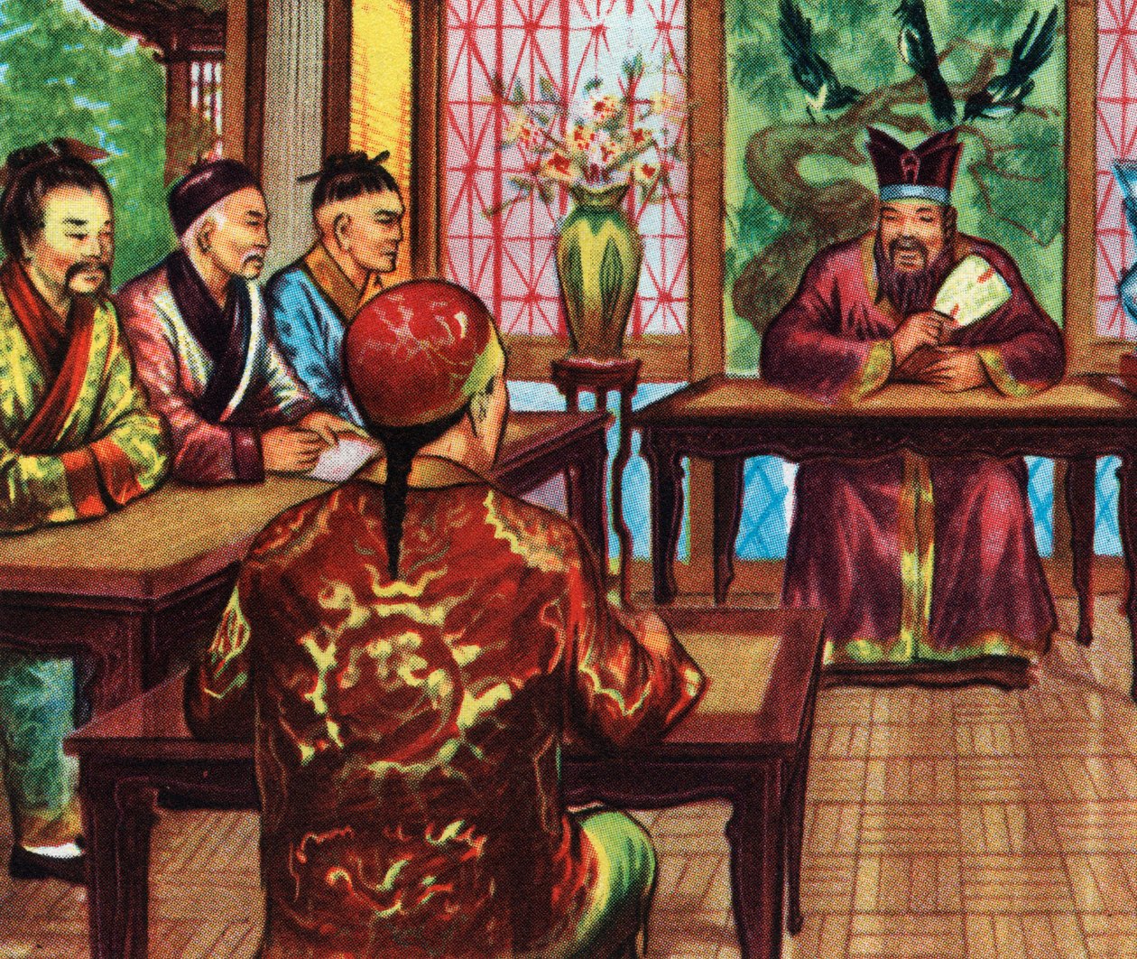 Confucio, o Kong Fu Zi, con sus alumnos (impresión) de Artist Unknown