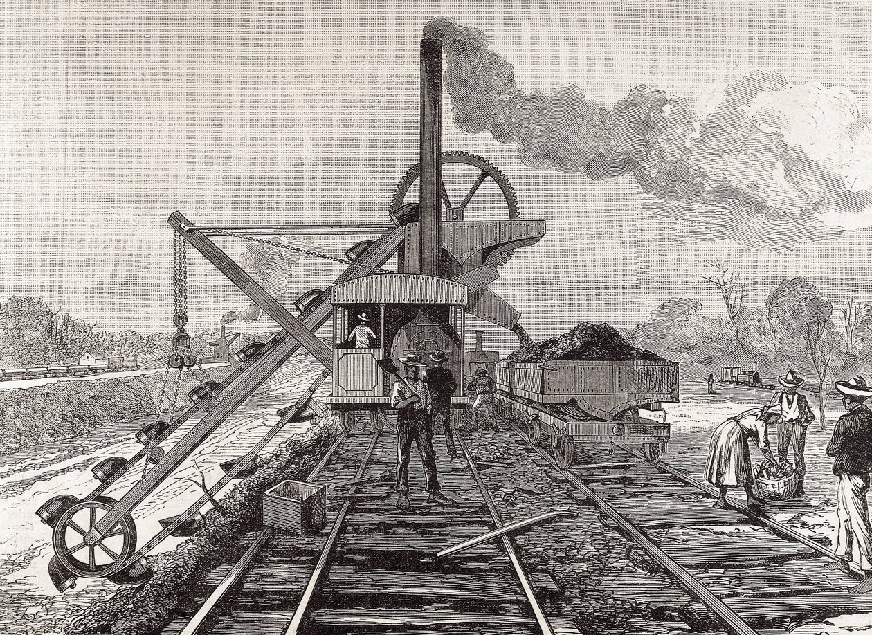 Construcción del Canal de Panamá. Trabajos de dragado en el pueblo de Culebra. Dibujo original de Meltor Prior. Imagen publicada en "The Illustrated London News". Grabado. de Artist Unknown