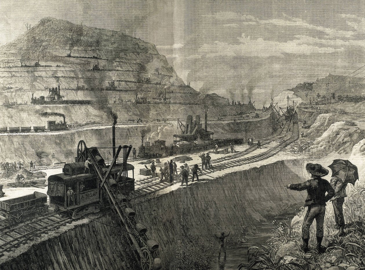 Construcción del Canal de Panamá. Trabajos de dragado en el pueblo de Culebra. Dibujo original de Meltor Prior. Imagen publicada en "The Illustrated London News". Grabado. de Artist Unknown