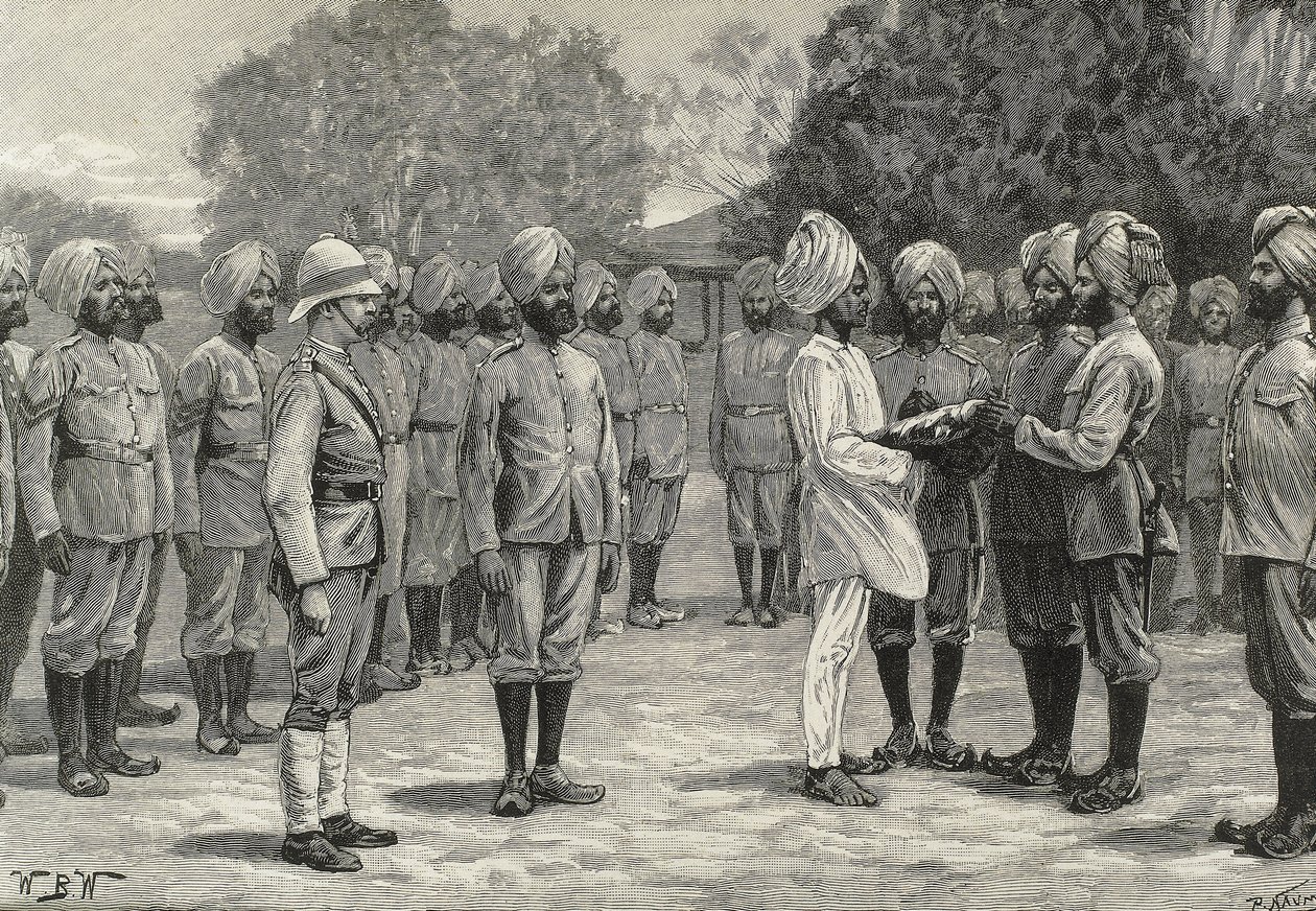 Inglaterra (siglo XIX). Colonización. India. Los nuevos regimientos de Birmania. Prestando juramento a los nuevos reclutas. Grabado. Colección privada de Artist Unknown