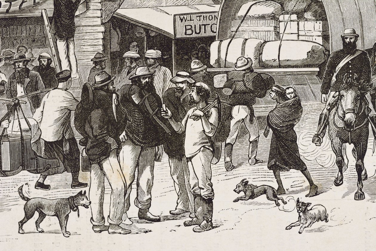 Inglaterra (siglo XIX). La colonización (1880). La vida de los buscadores de oro en Australia. Colonia inglesa de Botany Bay (fundada en 1788) e inicialmente poblada en su mayoría por delincuentes convertidos en buscadores y comerciantes. Grabado. Colecció de Artist Unknown