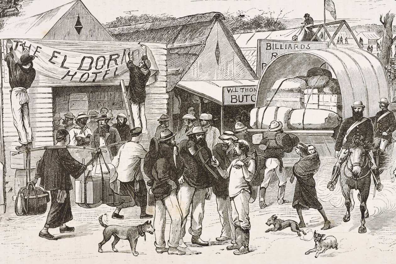 Inglaterra (siglo XIX). La colonización (1880). La vida de los buscadores de oro en Australia. Colonia inglesa de Botany Bay (fundada en 1788) e inicialmente poblada en su mayoría por delincuentes convertidos en buscadores y comerciantes. Grabado. Colecció de Artist Unknown