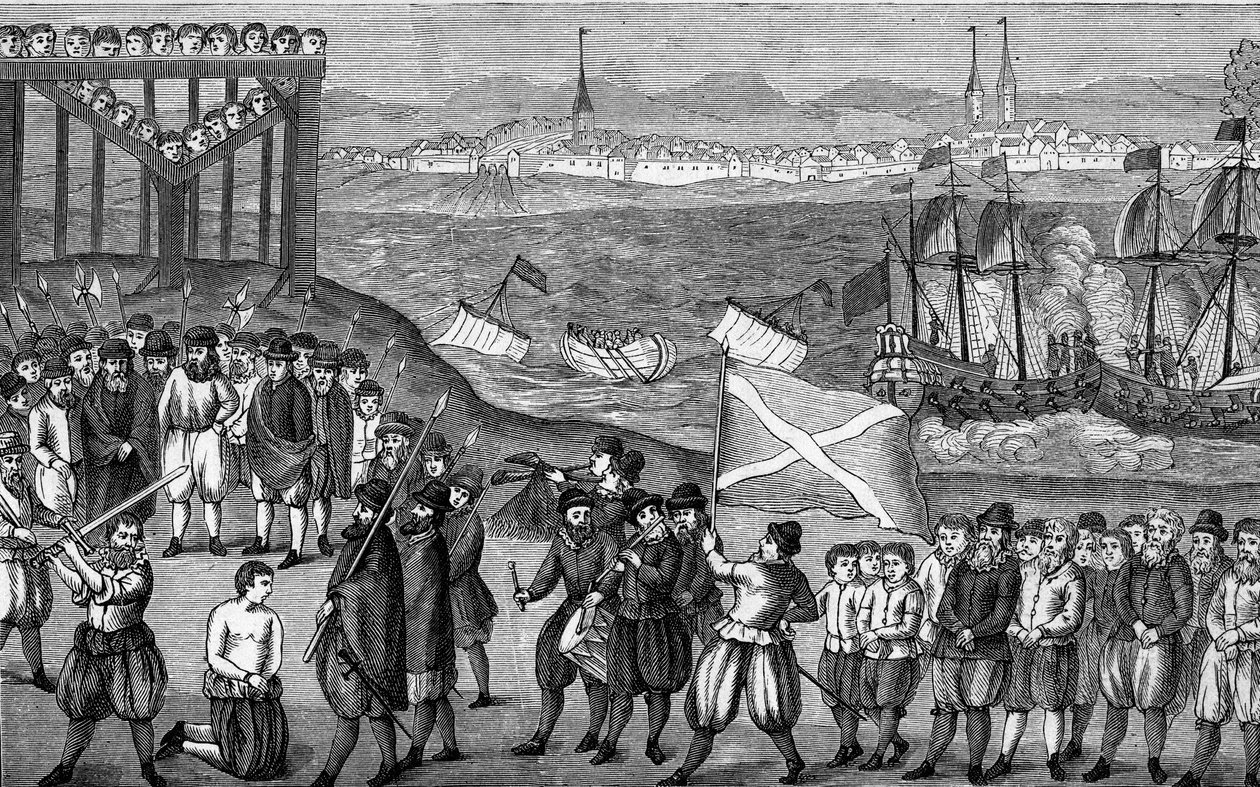Ejecución del famoso pirata alemán Klaus Stortebeker (1360-1401) y sus 71 cómplices en 1401 en Hamburgo. Grabado según la imagen del siglo XVI. de Artist Unknown