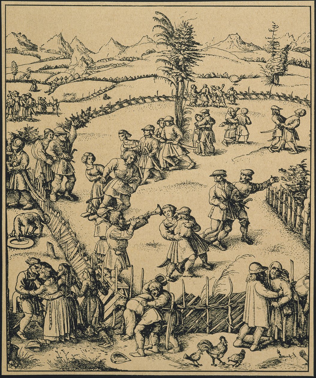 Fiesta campesina en una granja alemana ("Der Jahrmarkt"). Música y baile. (grabado) de Artist Unknown