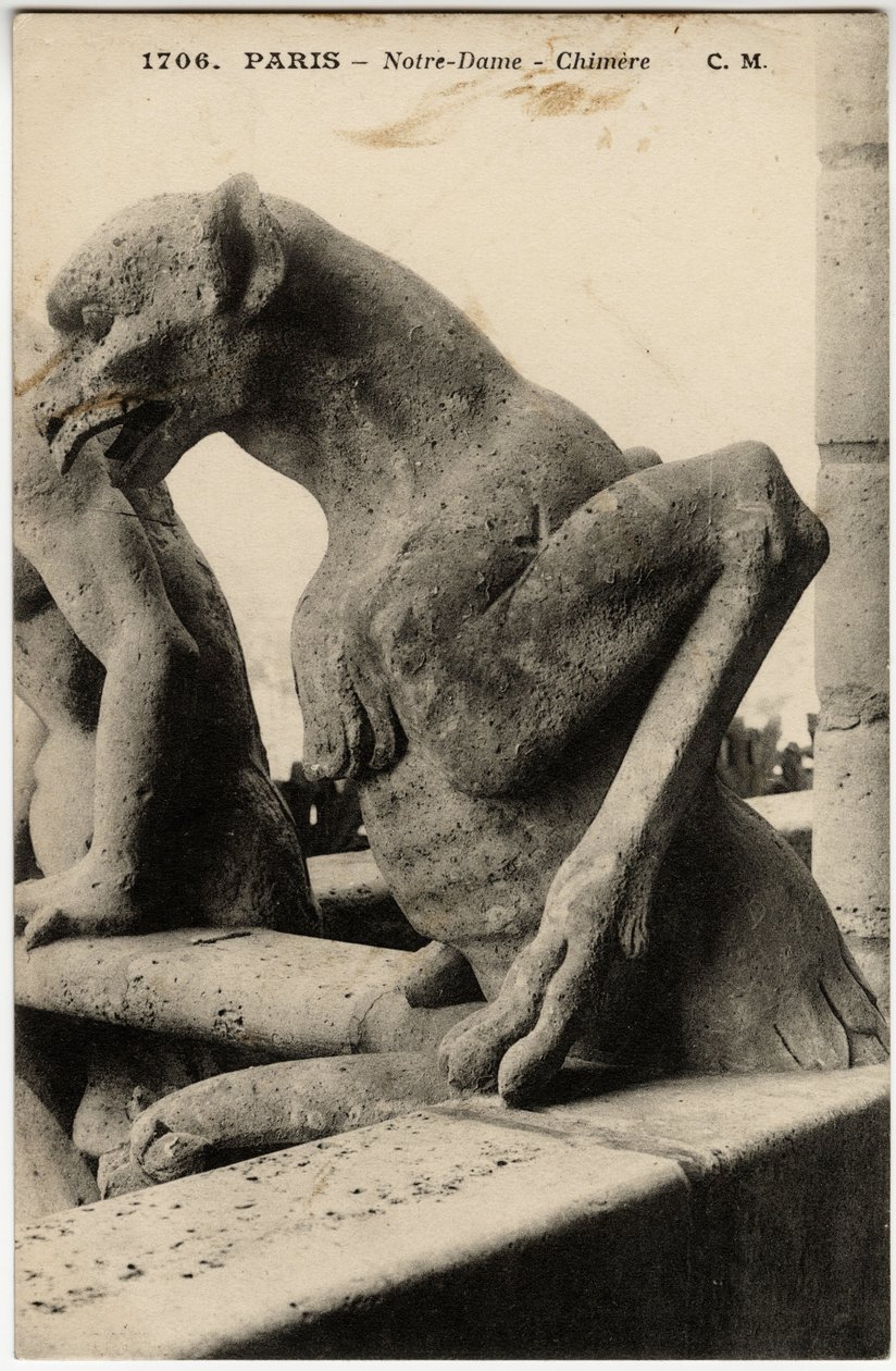 Gárgola o chimere de la catedral Notre Dame de París construida entre 1163 y el siglo XIV - Tarjeta postal, colección Selva de Artist Unknown