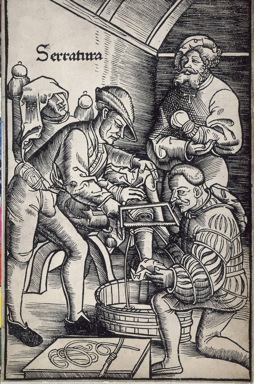 Gersdorff, Hans von (1455 - 1529). Cirujano alemán. Amputación de una pierna. Xilografía de Hans Wechtlin para el libro "Feldtbuch der Wundartzney" (Libro de campo de cirugía) de Artist Unknown