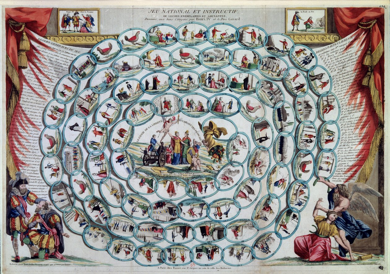 Juego de la Oca "Juego nacional e informativo o lecciones ejemplares y divertidas dadas por Enrique IV y el Padre Gerardo" (imprimir) de Artist Unknown