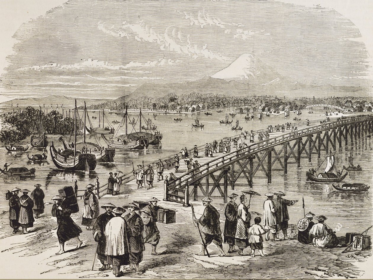 JAPÓN (siglo XIX).Ciudad de Edo, atravesada por el río Toniak. Grabado. Colección privada de Artist Unknown