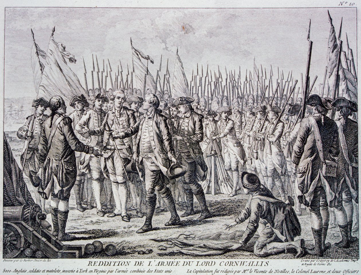 Rendición del ejército británico en Yorktown por Lord Corwallis (grabado) de Artist Unknown