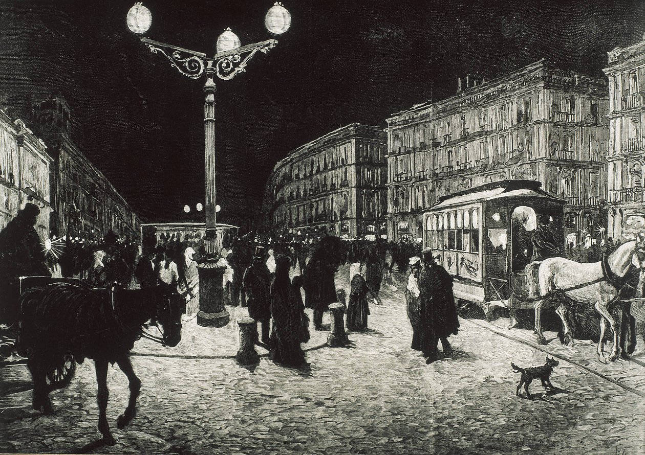 Madrid (1878). La Puerta del Sol iluminada con luz eléctrica. Dibujo de Pellicer para "La Ilustración Española y Americana". Aguafuerte. de Artist Unknown