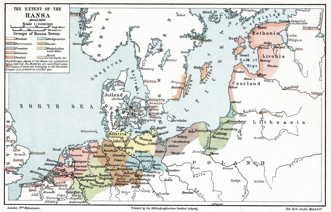 Mapa de la extensión de la Liga Hanseática hacia 1400 (impresión) de Artist Unknown