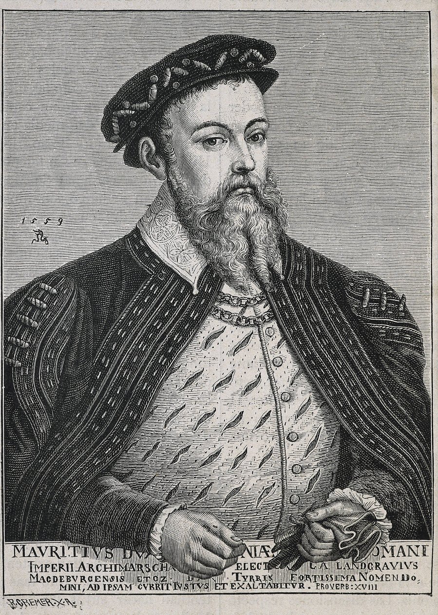 Mauricio de Sajonia (1521-1553). Duque (1541-47) y más tarde Elector (1547-53) de Sajonia. Protestante desde 1539. Retrato basado en un cuadro de Lucas Cranach. Grabado de Artist Unknown