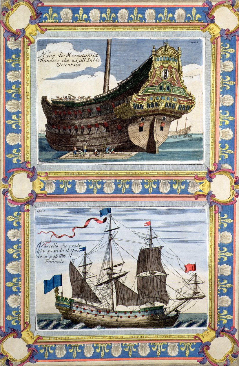 Buques mercantes de la Compañía Holandesa de las Indias Orientales (grabado coloreado) de Artist Unknown
