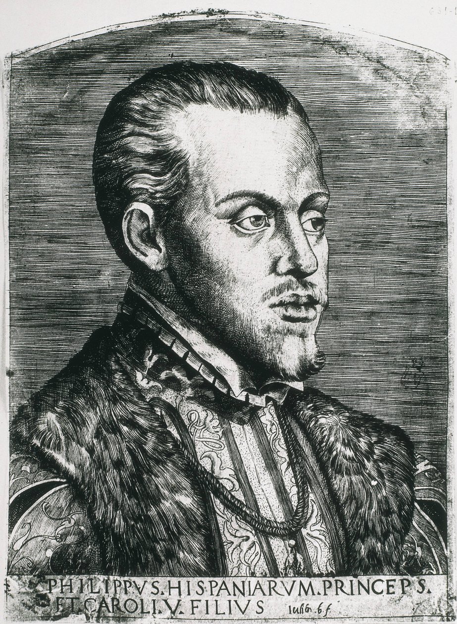 FELIPE II de España (1527-1598). Rey de España (1556-1598) y de Portugal (1580-1598). Retrato de Felipe todavía como príncipe. Xilografía. de Artist Unknown