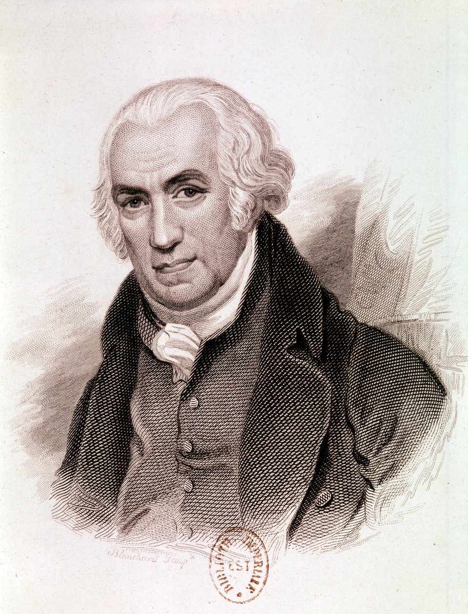 Retrato de James Watt, inventor, ingeniero mecánico y químico escocés (grabado) de Artist Unknown