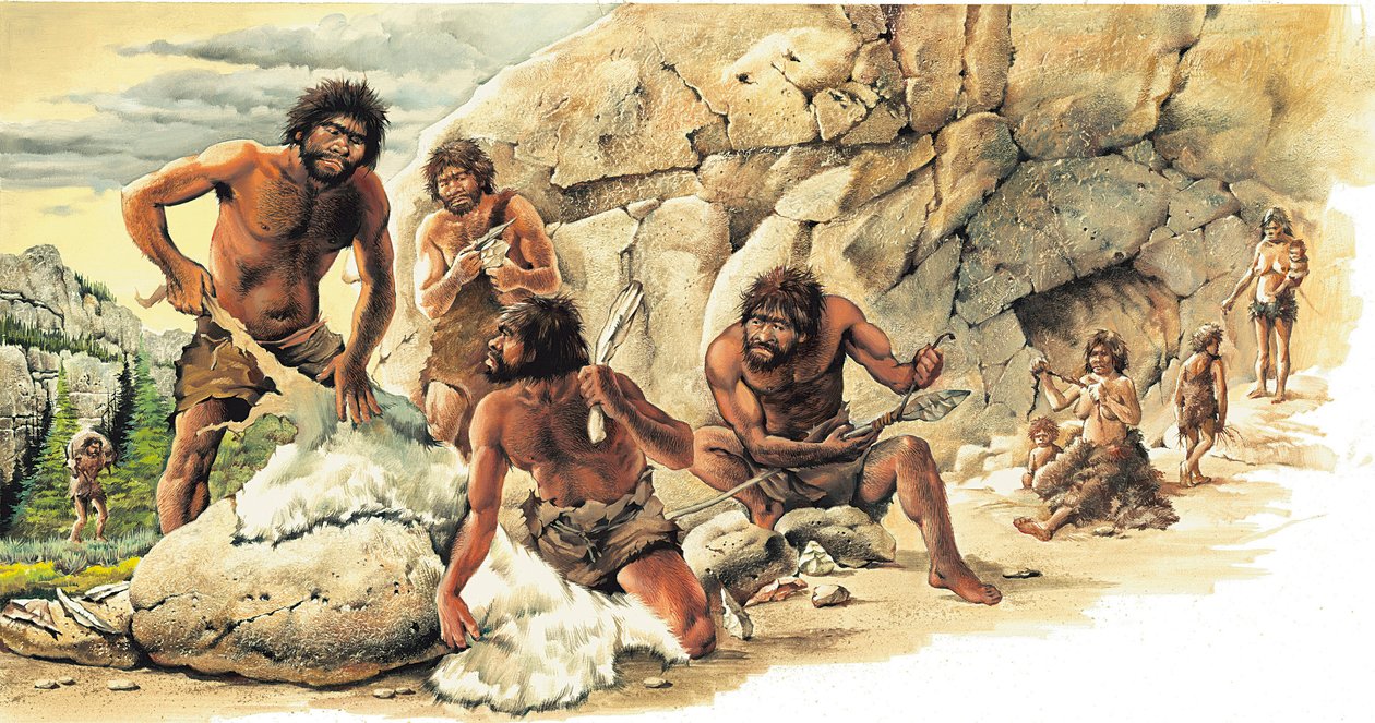 Prehistoria Periodo paleolítico: Cazadores que utilizaban la piel de los betes muertos y fabricaban herramientas y armas (lanza). de Artist Unknown